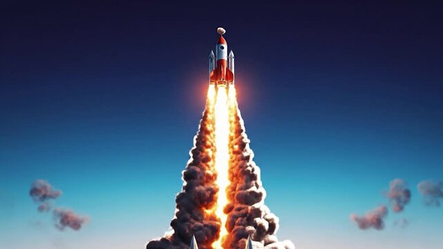 Dynamic space rocket launch with massive smoke and bright flames