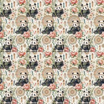   Watercolor Panda with Dreamcatchers and Wildflowers Seamless Pattern for Fabric and Wallpaper