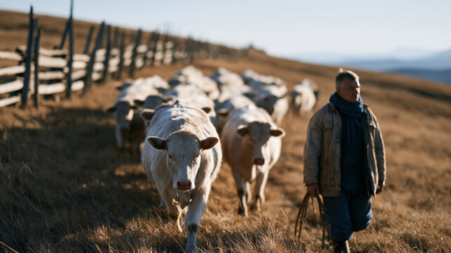 Livestock farmer in weathered jacket guides a small cattle herd through an autumn morning field, breath visible in cold air, old wooden fence running along the hilltop, rolling