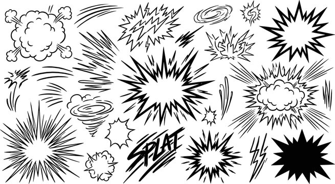Comic Explosion Burst Effects Collection with Dynamic Speed Lines and Action Graphic Elements