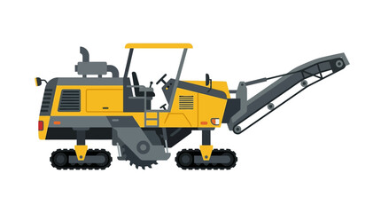 Obraz premium A yellow and gray asphalt paver machine with tracks and conveyor belt on a white background.