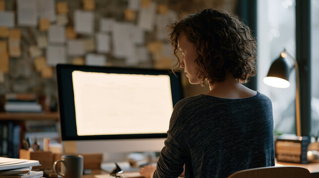 A screenwriter in a cluttered home office stares at a half filled script on a wide monitor, sticky notes covering the wall behind her, a mug cooling beside a thesaurus, capturing