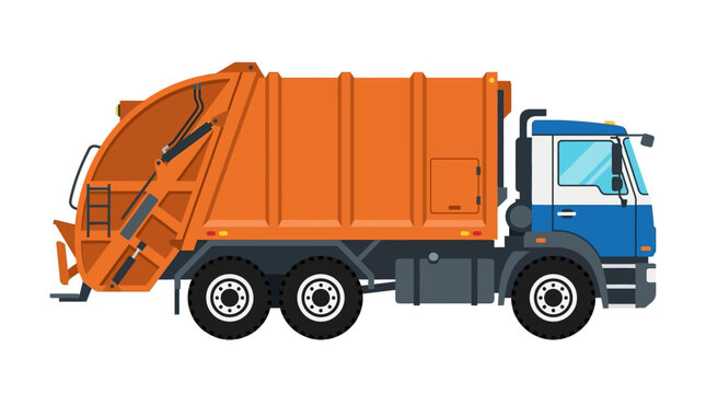 A blue and orange garbage truck with a large compactor on the back against a clean white background.