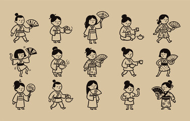 Obraz premium Japanese traditional culture and kimono fashion doodle set featuring cute cartoon characters holding folding fans pouring tea and wearing yukata costumes