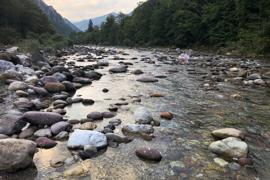 Brembo River in Beautiful Parina Valley during a Summer Sunset. Camerata Cornello, Bergamo Province, Italian Alps