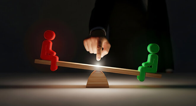 Hand balancing red and green figures on seesaw. Concept of business risk and decision making.