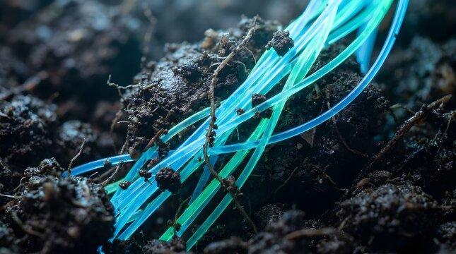 Glowing blue optical fibers intertwined with dark soil clods illustrating the concept of digital integration in agriculture for modern agritech articles