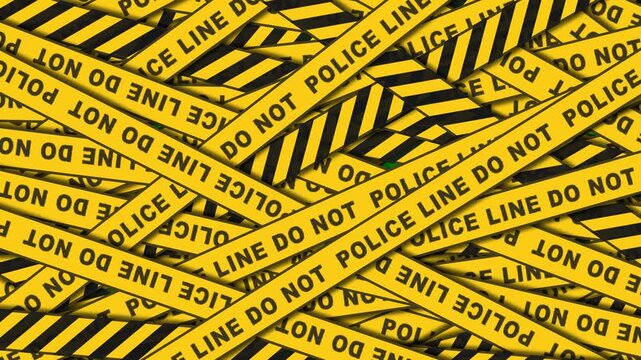 4K flat vector animation of overlapping police line caution tapes and hazard stripes transition on a chroma key green screen
