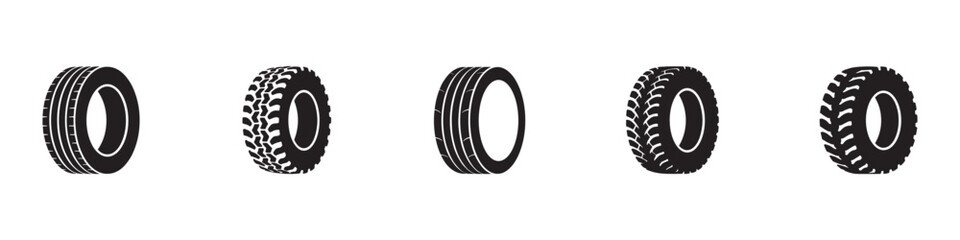 Car tyre icon set. Car tire tracks vector, icon design. Tire tracks, rubber wheels, and braking marks. Truck, car, tread pattern silhouettes. Perfect for auto racing, speed-related designs.  © Jeremy_Show