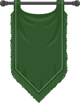 Green banner hangs from a rod with fringes along the edges. Vector illustration