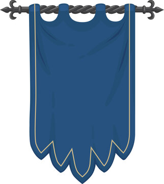 Blue draped banner hangs from a braided rope with tassels. Vector illustration