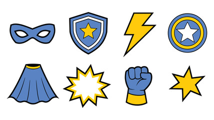 Superhero icon set with blue and yellow costume elements, heroic accessories, and power symbols for vector illustration © Rakib001