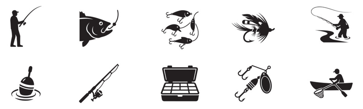 Fishing and angling icon set. Fisherman and tackle symbol. Fish hook and lure logo. Lake and river recreation sign. Vector Illustration. Vector Graphic.