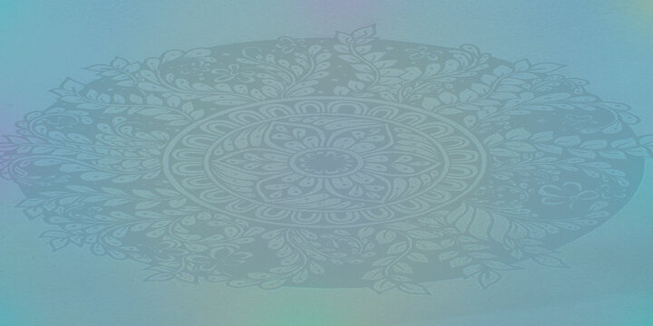 Vintage mandala pattern on soft blue green gradient background with subtle floral motifs.