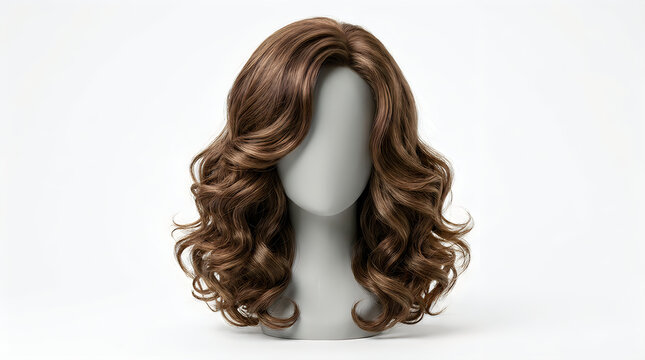 Brunette wavy hair wig presented on a mannequin head isolated display