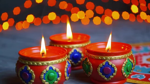 Three orange clay lamps with burning flames and painted patterns. Small round terracotta vessels holding flickering fire light.