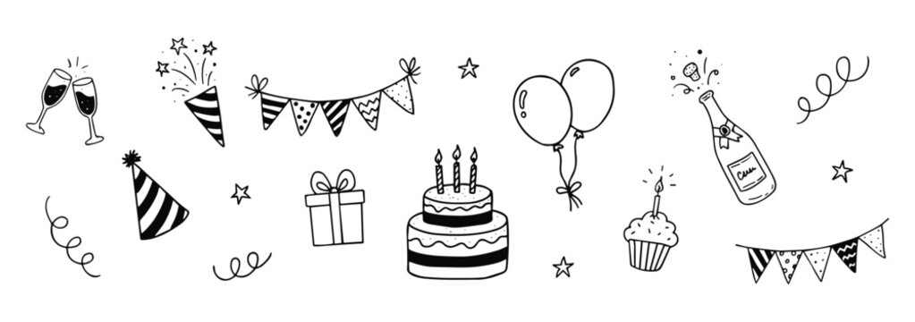 Birthday celebration icons including cake balloons party hats and gifts on white background