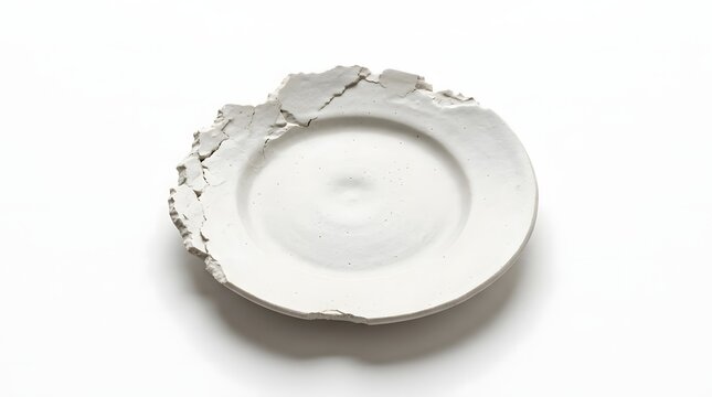 Badly broken white ceramic plate with shattered edges resting on a white background depicting domestic accidents for household insurance campaigns