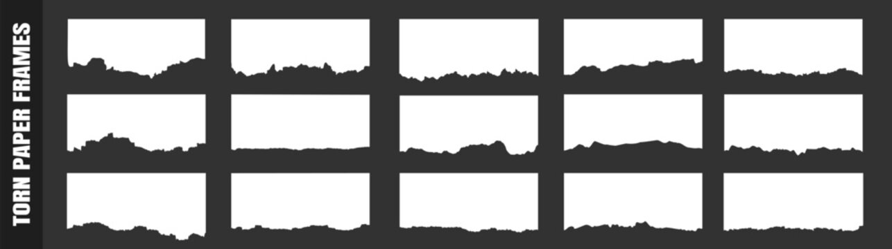 Multiple torn paper frames with irregular rough edges are arranged in a grid pattern. Blank white rectangles feature jagged borders on transparent background.