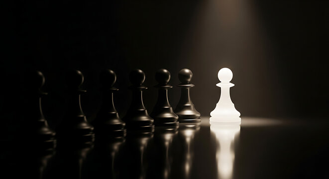 White chess pawn standing out from black pieces. Unique leader concept in business strategy.