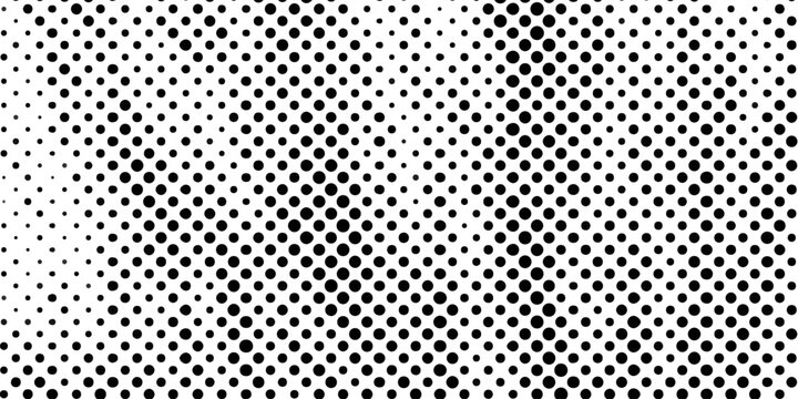 Black and white halftone dots pattern background vector illustration with dynamic fading dots, gradients geometric wavy textured backdrop for modern graphic design layouts banner print.