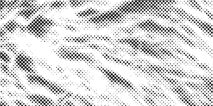 Black and white halftone dots pattern background vector illustration with dynamic fading dots, gradients geometric wavy textured backdrop for modern graphic design layouts banner print.