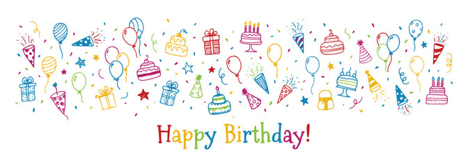 Colorful birthday celebration elements with cakes balloons and confetti on white background for party decorations and greetings  fun and festive design © Kumot Roy