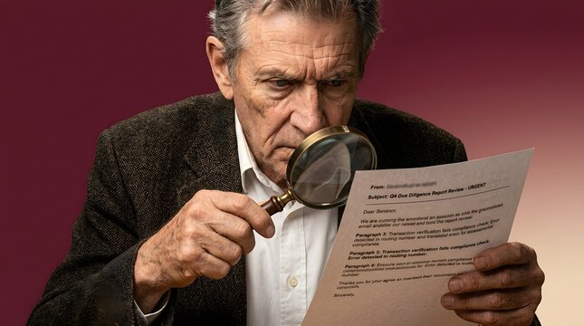 Senior man, investigator and magnifying glass for document review, fraud detection and legal search. Professional person, elderly lawyer and reading paper with focus, scrutiny, analysis and audit