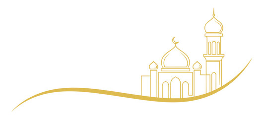 Golden mosque with domes and minarets on wavy line  Islamic architecture symbol  religious building silhouette © Kumot Roy