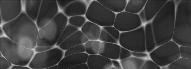 Fototapeta na wymiar Black pool water texture with realistic caustic reflections and ripple waves. Top view underwater background with deep liquid surface, soft light distortion and bokeh effect. Grayscale vector bg