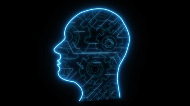 Advanced machine learning projects loop creative neon intelligence emblems on black. Machine learning neural workspace models show an artificial intelligence brain animation.