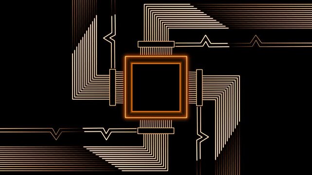 Abstract background animation loops glowing orange neon energy lines on black. Cyber protection terminal interface designs require an abstract background animation track.
