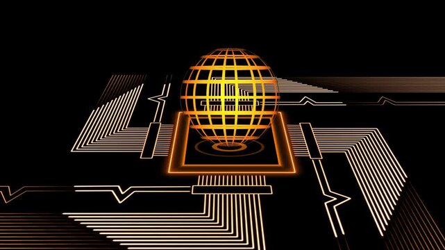 Abstract background animation loops glowing orange neon energy lines on black. Global telecommunication network platforms require an abstract background animation globe.