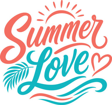 Summer Love Hand Lettering Typography with Tropical Leaf Heart and Wave Vector Illustration