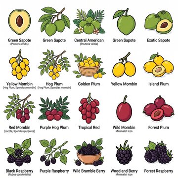 Set of tropical fruits and berries including sapote mombin plum and raspberry icons in vector style