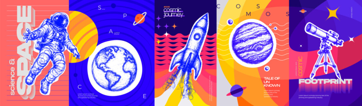 Minimal space poster collection. Astronomy, planets, rockets, exploration, education and print vector illustration