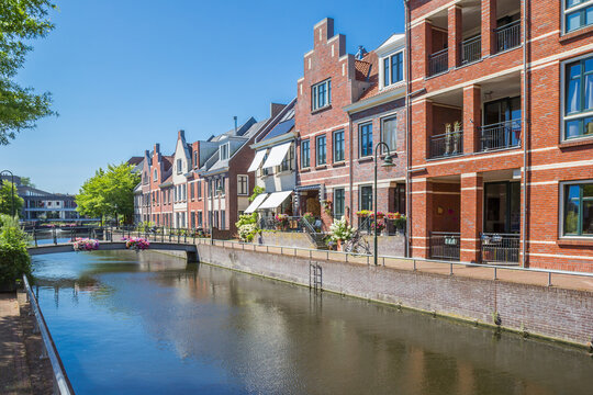 Landstraat Noord canal with modern houses in old style in Bussum, Netherlands