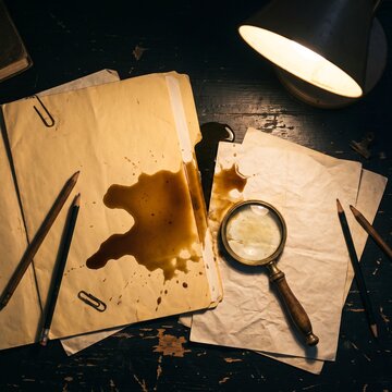 Investigative Desk Setup Featuring Old Manila Folders with Coffee Stains and a Vintage Magnifying Glass Under Warm Lamp Light