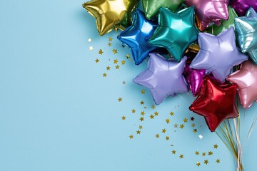 Fototapeta premium The Colorful Star Balloons Create Festive Vibe with Metallic Shine on Blue Background