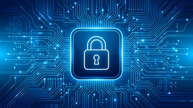 Padlock icon on digital circuit background. Cyber security concept for data protection.