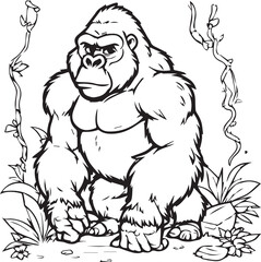 Naklejka premium Black and white illustration of a silverback gorilla sitting in the jungle with silverback wildlife illustration coloring tropical environment