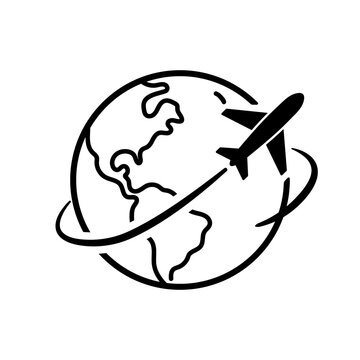 Plane with earth or globe icon or logo. Airplane route over world  Travel around the world by aircraft concept. Vector illustration.