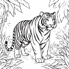 Obraz premium Detailed line drawing of a majestic tiger standing amidst tropical jungle foliage coloring page style with predator illustration coloring wildlife