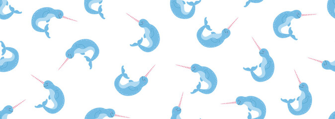Cute narwhal seamless pattern isolated on white background. Hand drawn vector illustration of swimming unicorn of the sea, blue narwhals with pink striped tusks for kids nursery textile. © Марина Мигаль