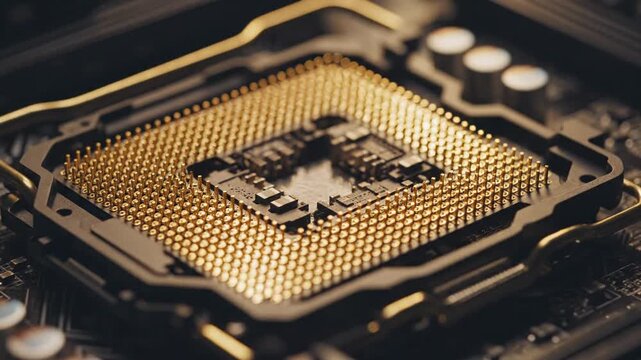 Cinematic close-up of a golden CPU socket on a motherboard, revealing the intricate pins and advanced engineering of high-performance computing hardware.