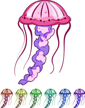 tentacles jellyfish cartoon. hydrozoa scyphozoa, cnidaria polyp, drift swarm tentacles jellyfish sign colorful illustration