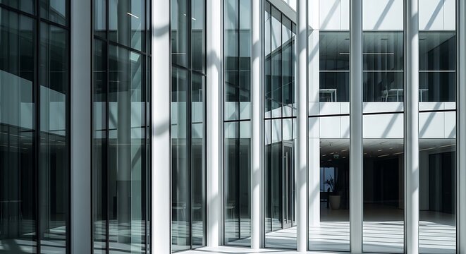 Modern office building facade with glass windows and steel frames reflecting sunlight in a geometric pattern