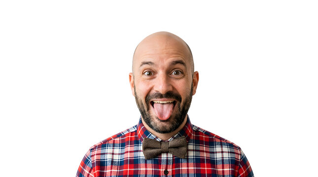 funny bald man with tongue out wearing bow tie
