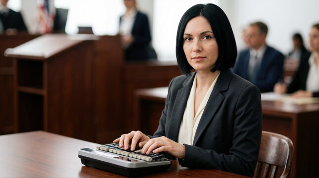 Female courtroom stenographer typing on machine during trial. Professional woman working as court reporter in legal proceeding