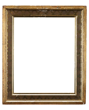 Vintage gold picture frame on transparent background (png). Antique distressed golden portrait border template with grunge patina and cutout center for mockup.